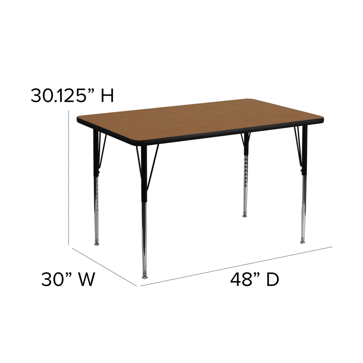 Flash Furniture XU-A3048-REC-OAK-T-A-GG 30"W x 48"L Rectangular Oak Thermal Laminate Adjustable Activity Table (Oak Top/Black Frame) - View 4