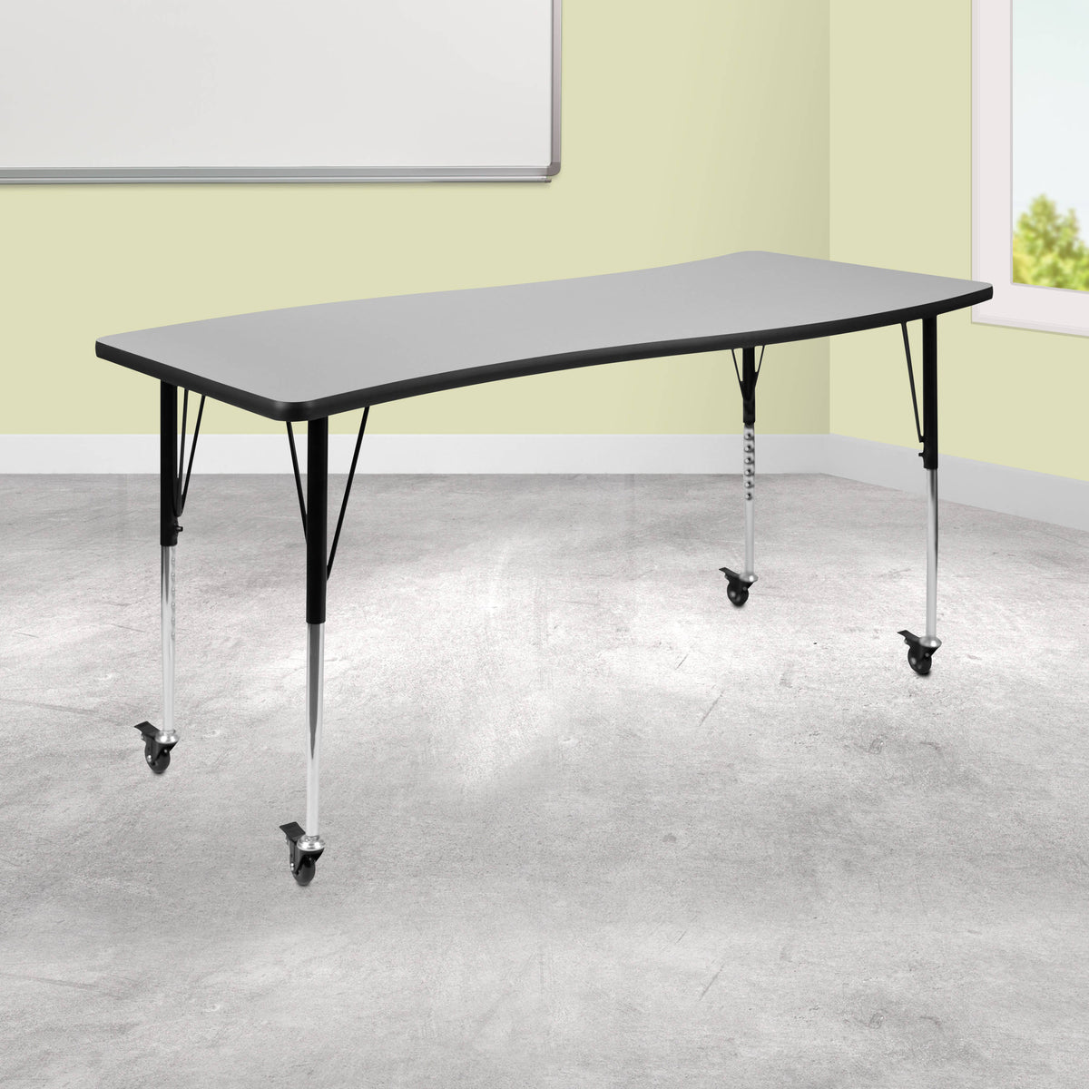Flash Furniture XU-A3060-CON-GY-T-A-CAS-GG Mobile 26"W x 60"L Rectangular Wave Collaborative Grey Adjustable Activity Table (Grey Top/Black Frame) - View 2