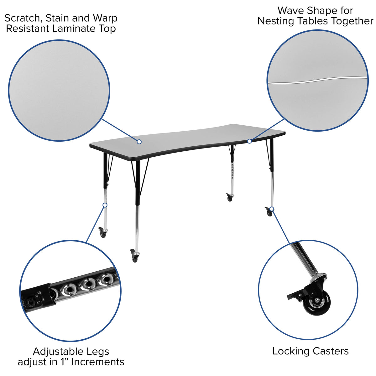 Flash Furniture XU-A3060-CON-GY-T-A-CAS-GG Mobile 26"W x 60"L Rectangular Wave Collaborative Grey Adjustable Activity Table (Grey Top/Black Frame) - View 3