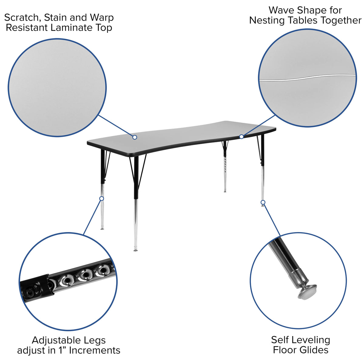 Flash Furniture XU-A3060-CON-GY-T-A-GG 26"W x 60"L Rectangular Wave Collaborative Grey Adjustable Height Activity Table (Grey Top/Black Frame) - View 3