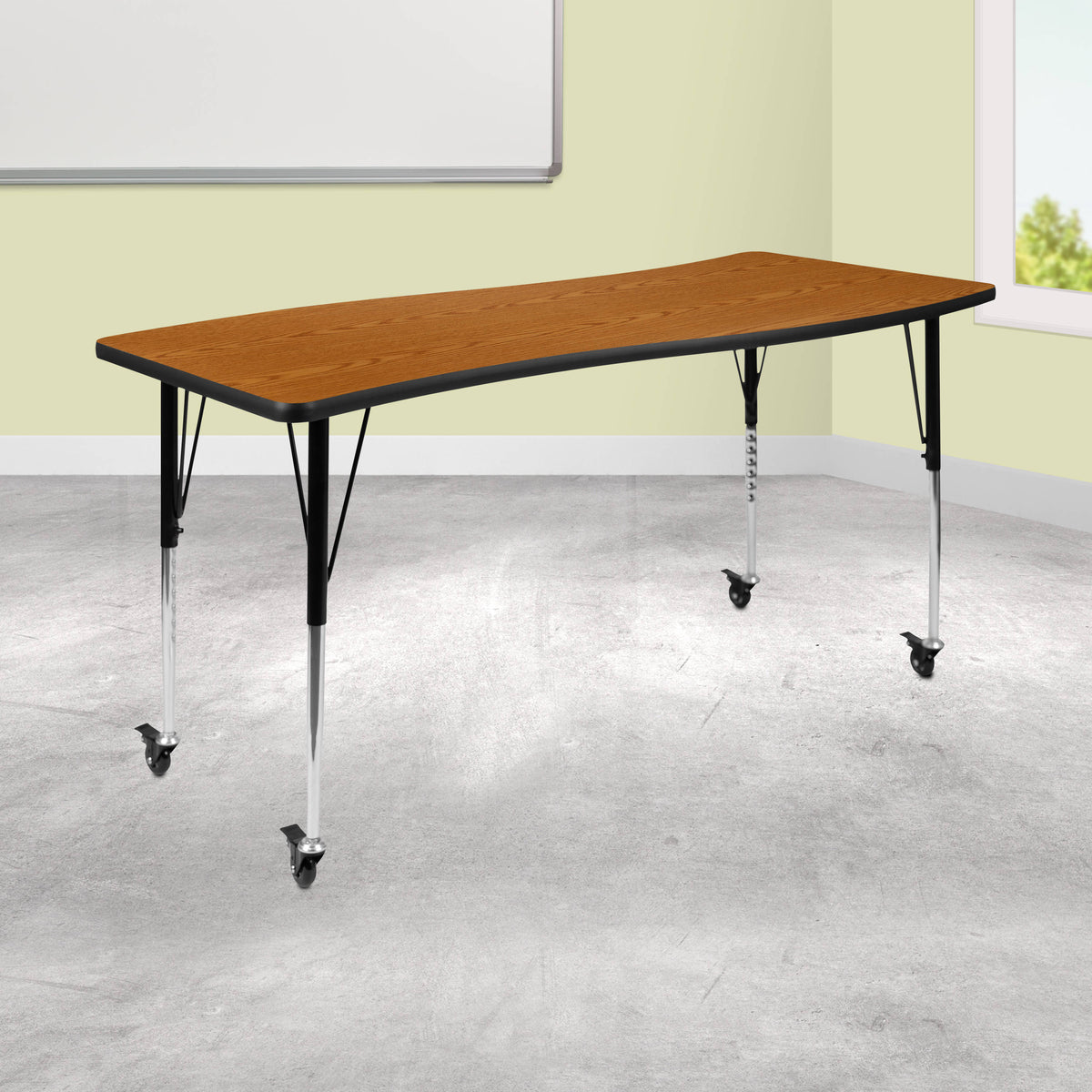 Flash Furniture XU-A3060-CON-OAK-T-A-CAS-GG Mobile 26"W x 60"L Rectangular Wave Collaborative Oak Adjustable Activity Table (Oak Top/Black Frame) - View 2