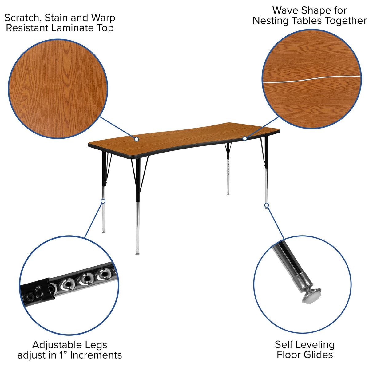 Flash Furniture XU-A3060-CON-OAK-T-A-GG 26"W x 60"L Rectangular Wave Collaborative Oak Adjustable Height Activity Table (Oak Top/Black Frame) - View 3