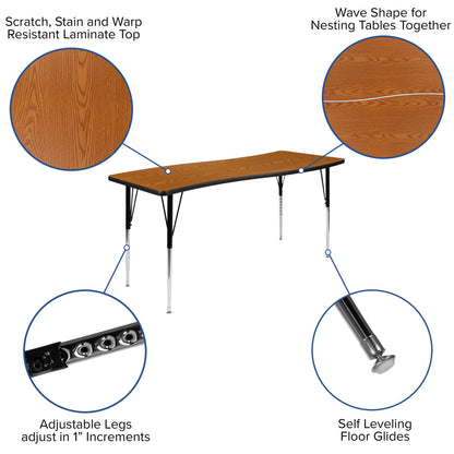 Flash Furniture XU-A3060-CON-OAK-T-A-GG 26"W x 60"L Rectangular Wave Collaborative Oak Adjustable Height Activity Table (Oak Top/Black Frame) - View 3