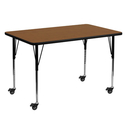Flash Furniture XU-A3060-REC-OAK-H-A-CAS-GG Mobile 30"W x 60"L Rectangular Oak HP Laminate Adjustable Activity Table (Oak Top/Black Frame) - Main view