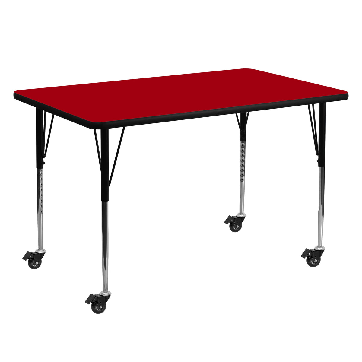 Flash Furniture XU-A3060-REC-RED-T-A-CAS-GG Mobile 30"W x 60"L Rectangular Red Thermal Laminate Adjustable Activity Table (Red Top/Black Frame) - Main view
