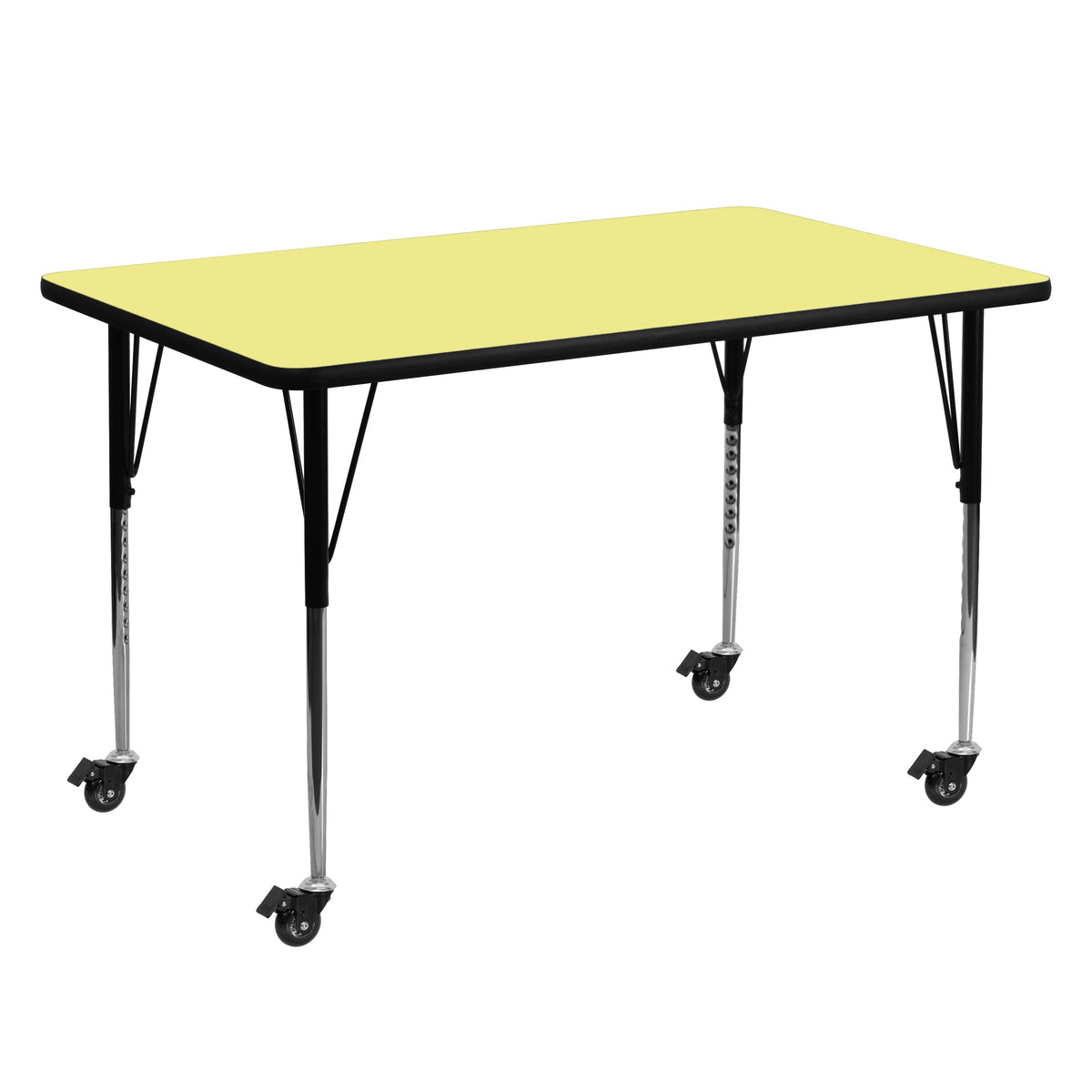 Flash Furniture XU-A3060-REC-YEL-T-A-CAS-GG Mobile 30"W x 60"L Rectangular Yellow Thermal Laminate Adjustable Activity Table (Yellow Top/Black Frame) - Main view