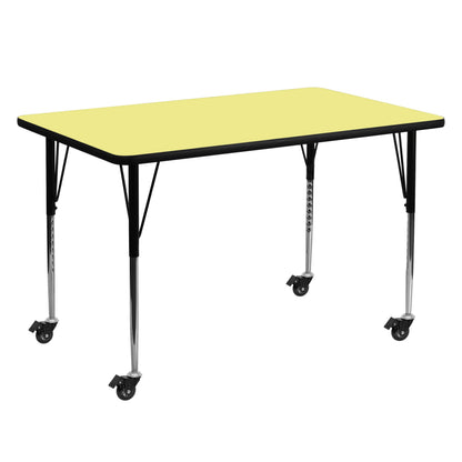 Flash Furniture XU-A3060-REC-YEL-T-A-CAS-GG Mobile 30"W x 60"L Rectangular Yellow Thermal Laminate Adjustable Activity Table (Yellow Top/Black Frame) - Main view