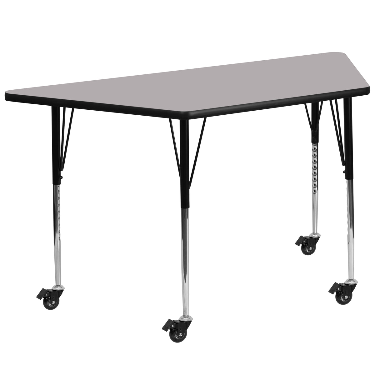 Flash Furniture XU-A3060-TRAP-GY-T-A-CAS-GG Mobile 29"W x 57"L Trapezoid Grey Laminate Adjustable Activity Table (Gray Top/Black Frame) - Main view