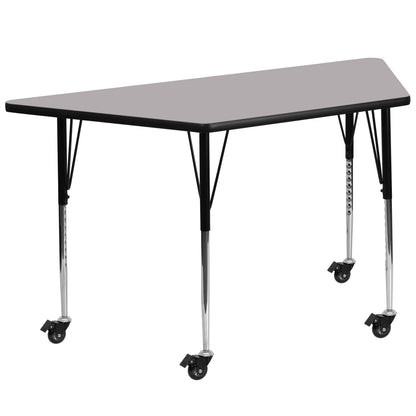 Flash Furniture XU-A3060-TRAP-GY-T-A-CAS-GG Mobile 29"W x 57"L Trapezoid Grey Laminate Adjustable Activity Table (Gray Top/Black Frame) - Main view