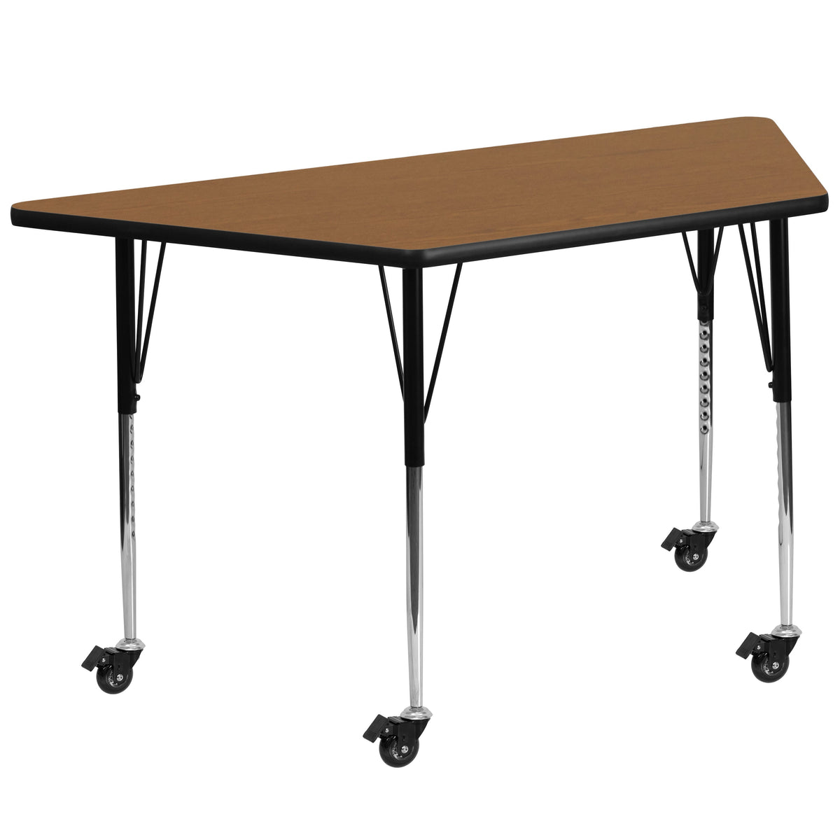 Flash Furniture XU-A3060-TRAP-OAK-T-A-CAS-GG Mobile 29"W x 57"L Trapezoid Oak Thermal Laminate Adjustable Activity Table (Oak Top/Black Frame) - Main view
