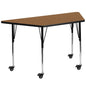 Flash Furniture XU-A3060-TRAP-OAK-T-A-CAS-GG Mobile 29"W x 57"L Trapezoid Oak Thermal Laminate Adjustable Activity Table (Oak Top/Black Frame) - Main view