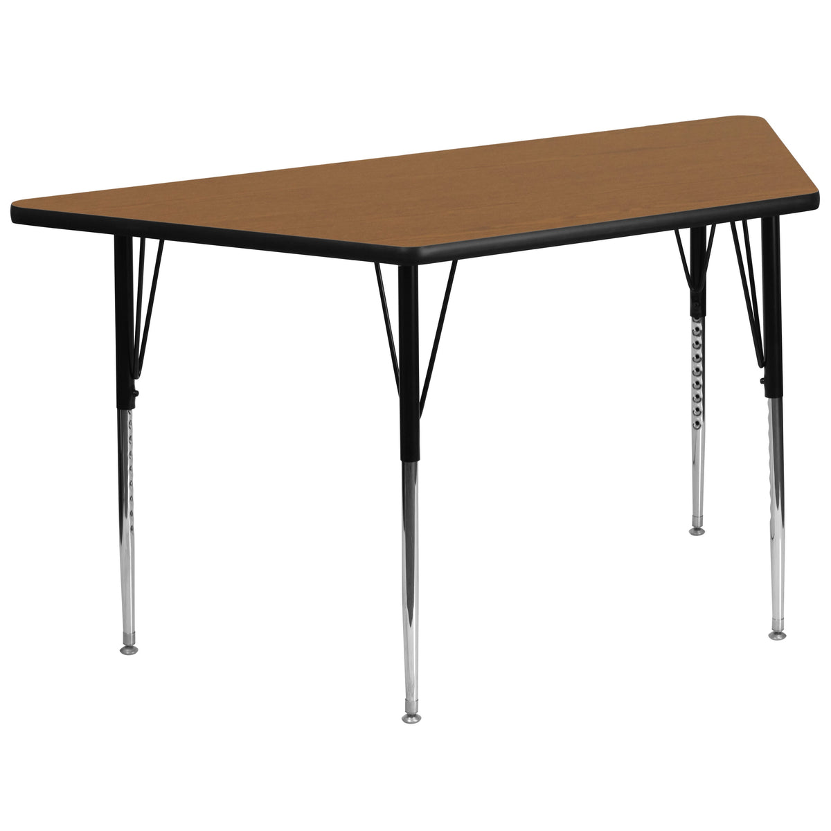 Flash Furniture XU-A3060-TRAP-OAK-T-A-GG 29"W x 57"L Trapezoid Oak Thermal Laminate Adjustable Activity Table (Oak Top/Black Frame) - Main view