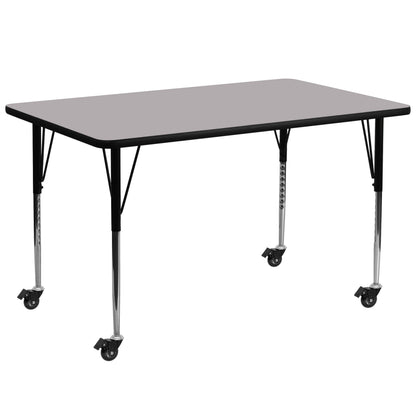 Flash Furniture XU-A3072-REC-GY-T-A-CAS-GG Mobile 30"W x 72"L Rectangular Grey Thermal Laminate Adjustable Activity Table (Gray Top/Black Frame) - Main view