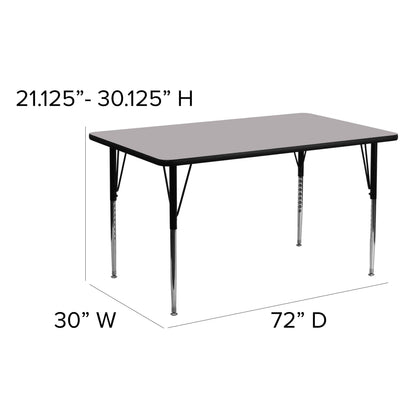 Flash Furniture XU-A3072-REC-GY-T-A-GG 30"W x 72"L Rectangular Grey Thermal Laminate Adjustable Activity Table (Gray Top/Black Frame) - View 3