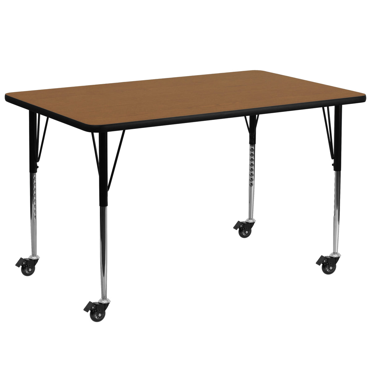 Flash Furniture XU-A3072-REC-OAK-T-A-CAS-GG Mobile 30"W x 72"L Rectangular Oak Thermal Laminate Adjustable Activity Table (Oak Top/Black Frame) - Main view