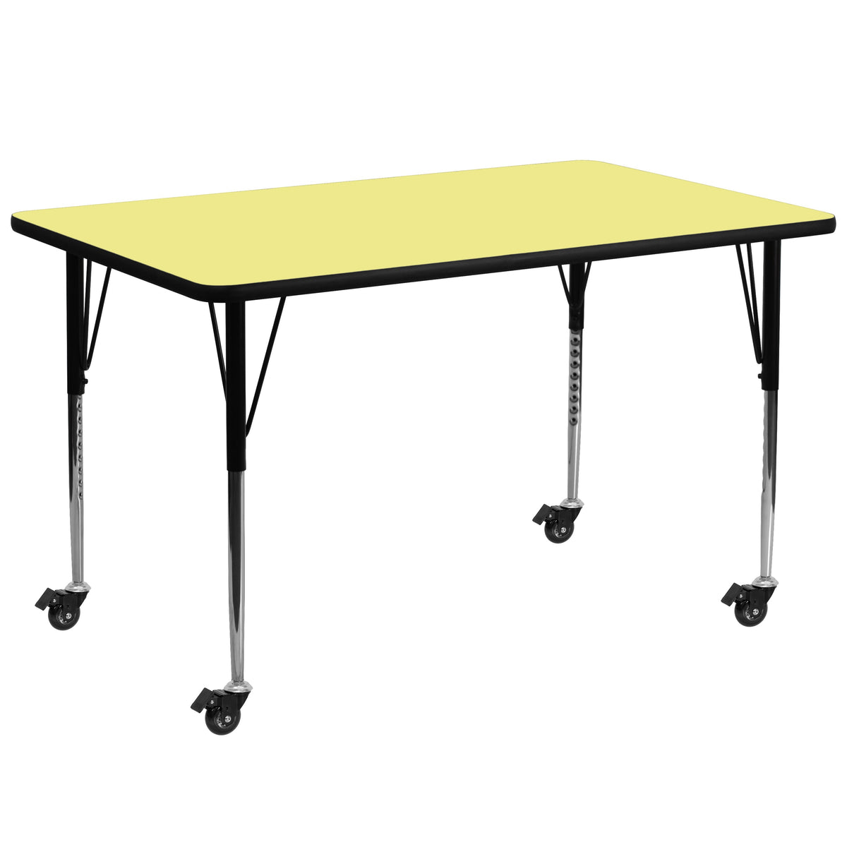 Flash Furniture XU-A3072-REC-YEL-T-A-CAS-GG Mobile 30"W x 72"L Rectangular Yellow Thermal Laminate Adjustable Activity Table (Yellow Top/Black Frame) - Main view