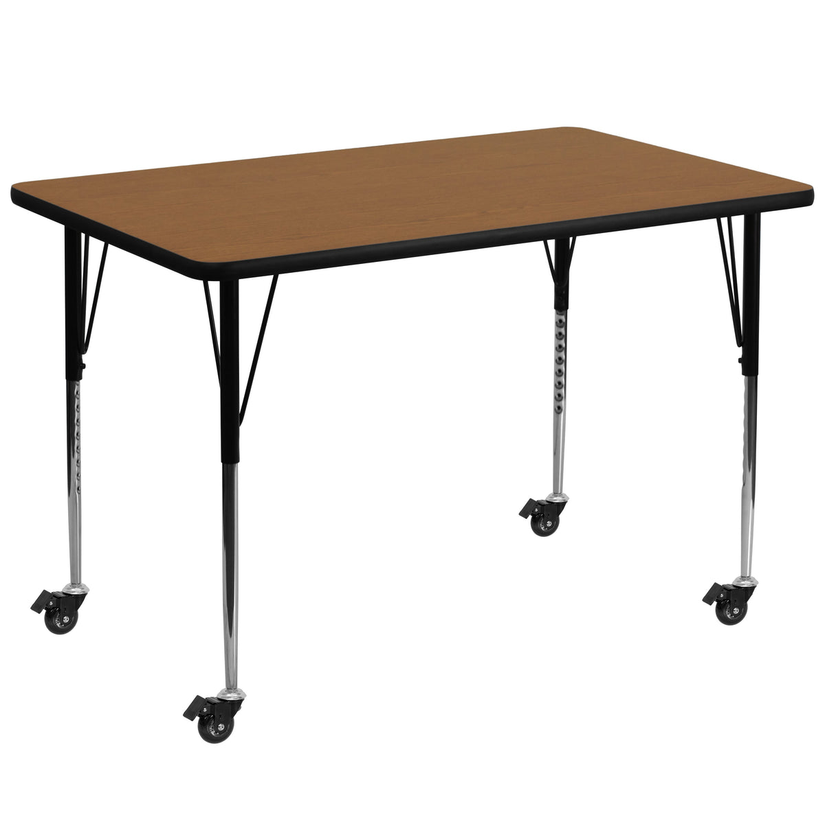 Flash Furniture XU-A3672-REC-OAK-T-A-CAS-GG Mobile 36"W x 72"L Rectangular Oak Thermal Laminate Adjustable Activity Table (Oak Top/Black Frame) - Main view