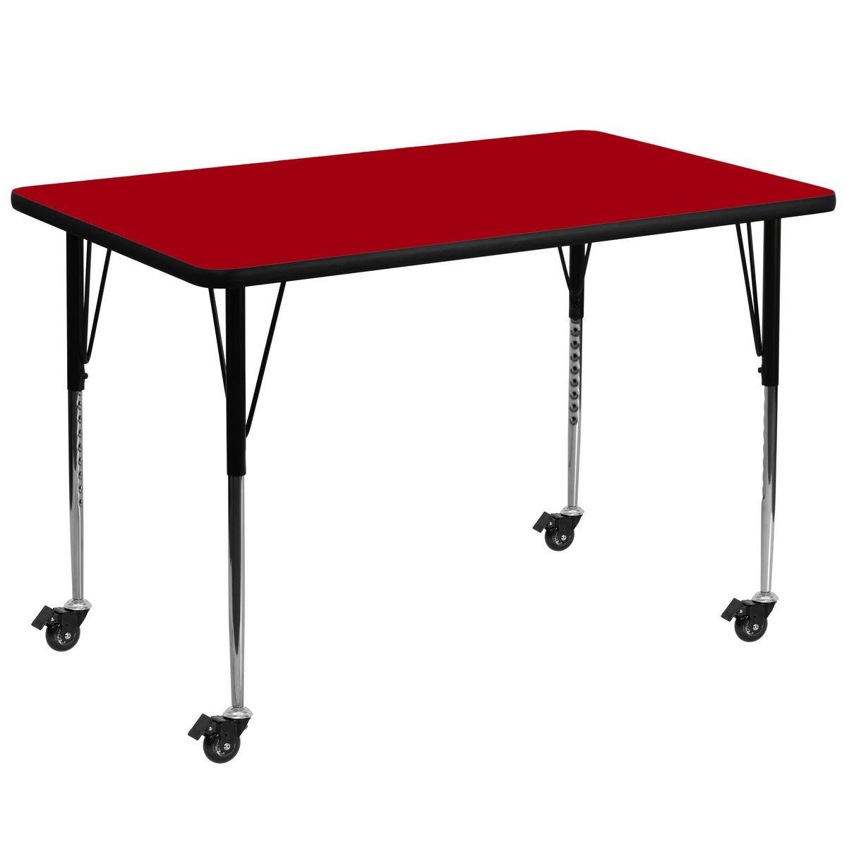 Flash Furniture XU-A3672-REC-RED-T-A-CAS-GG Mobile 36"W x 72"L Rectangular Red Thermal Laminate Adjustable Activity Table (Red Top/Black Frame) - Main view