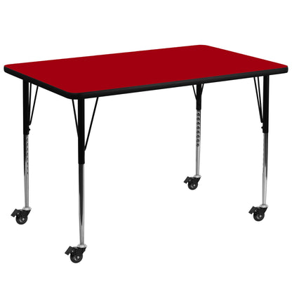 Flash Furniture XU-A3672-REC-RED-T-A-CAS-GG Mobile 36"W x 72"L Rectangular Red Thermal Laminate Adjustable Activity Table (Red Top/Black Frame) - Main view