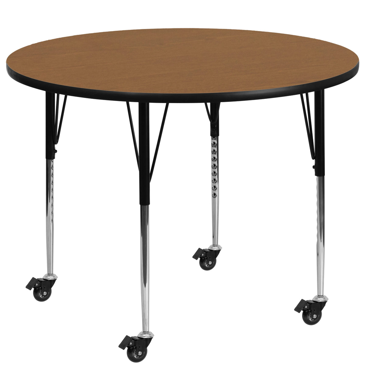 Flash Furniture XU-A42-RND-OAK-T-A-CAS-GG Mobile 42" Round Oak Thermal Laminate Activity Table - Height Adjustable Legs (Oak Top/Black Frame) - Main view