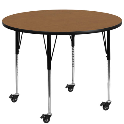 Flash Furniture XU-A42-RND-OAK-T-A-CAS-GG Mobile 42" Round Oak Thermal Laminate Activity Table - Height Adjustable Legs (Oak Top/Black Frame) - Main view