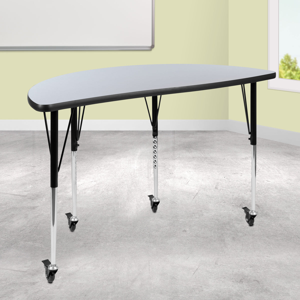Flash Furniture XU-A48-HCIRC-GY-T-A-CAS-GG Mobile 47.5" Half CIR Wave Collaborative Grey Adjustable Height Activity Table (Grey Top/Black Frame) - View 2