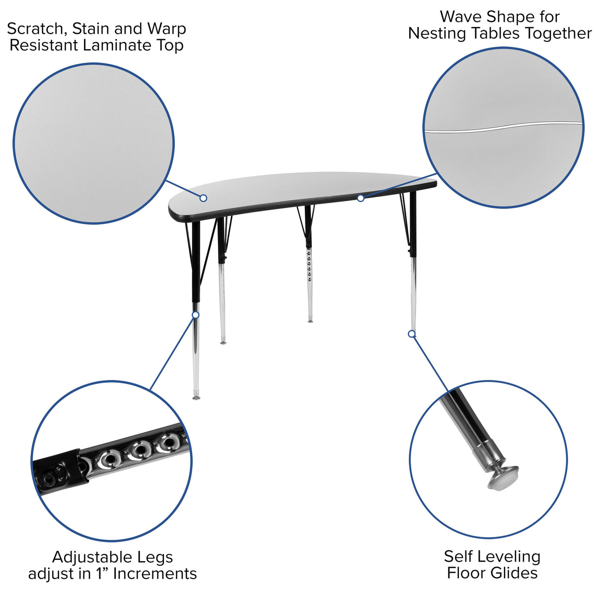 Flash Furniture XU-A48-HCIRC-GY-T-A-GG 47.5" Half Circle Wave Collaborative Grey Adjustable Height Activity Table (Grey Top/Black Frame) - View 3