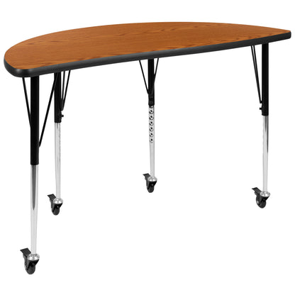 Flash Furniture XU-A48-HCIRC-OAK-T-A-CAS-GG Mobile 47.5" Half Circle Wave Collaborative Oak Adjustable Height Activity Table (Oak Top/Black Frame) - Main view