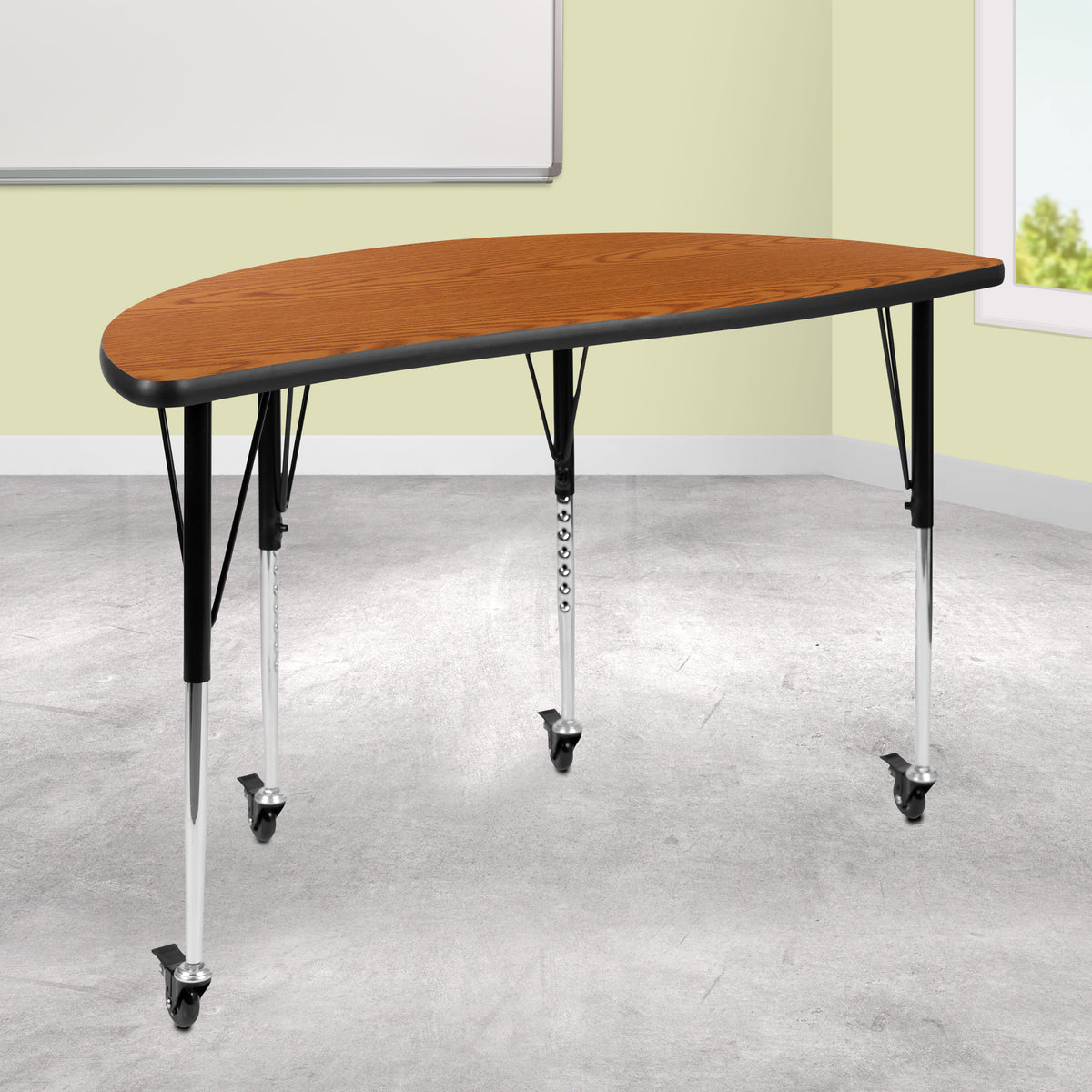 Flash Furniture XU-A48-HCIRC-OAK-T-A-CAS-GG Mobile 47.5" Half Circle Wave Collaborative Oak Adjustable Height Activity Table (Oak Top/Black Frame) - View 2