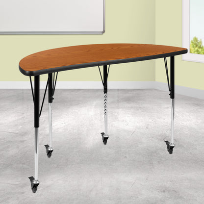 Flash Furniture XU-A48-HCIRC-OAK-T-A-CAS-GG Mobile 47.5" Half Circle Wave Collaborative Oak Adjustable Height Activity Table (Oak Top/Black Frame) - View 2
