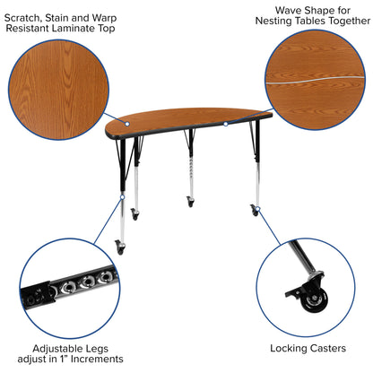 Flash Furniture XU-A48-HCIRC-OAK-T-A-CAS-GG Mobile 47.5" Half Circle Wave Collaborative Oak Adjustable Height Activity Table (Oak Top/Black Frame) - View 3