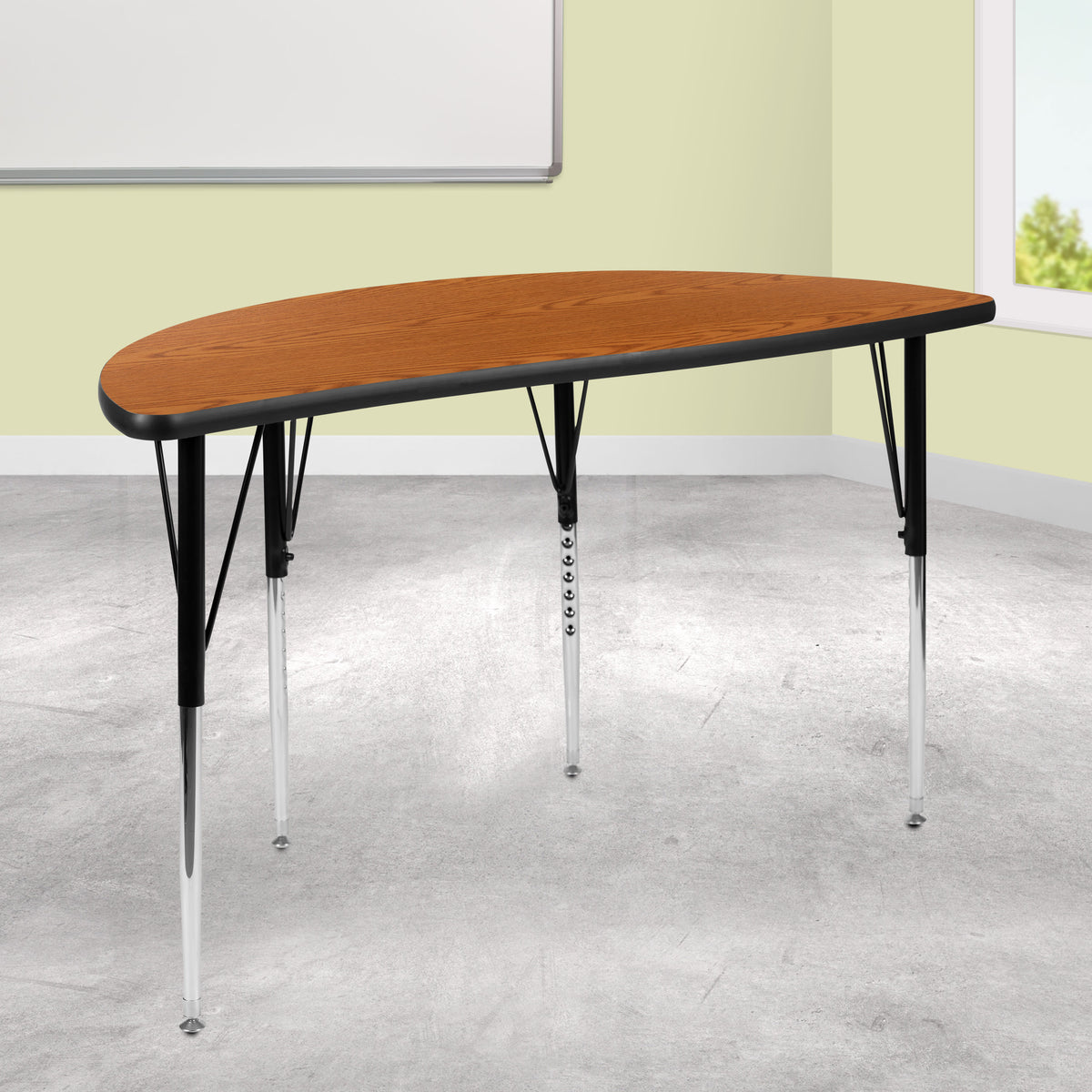 Flash Furniture XU-A48-HCIRC-OAK-T-A-GG 47.5" Half Circle Wave Collaborative Oak Adjustable Height Activity Table (Oak Top/Black Frame) - View 2