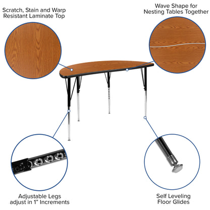 Flash Furniture XU-A48-HCIRC-OAK-T-A-GG 47.5" Half Circle Wave Collaborative Oak Adjustable Height Activity Table (Oak Top/Black Frame) - View 3