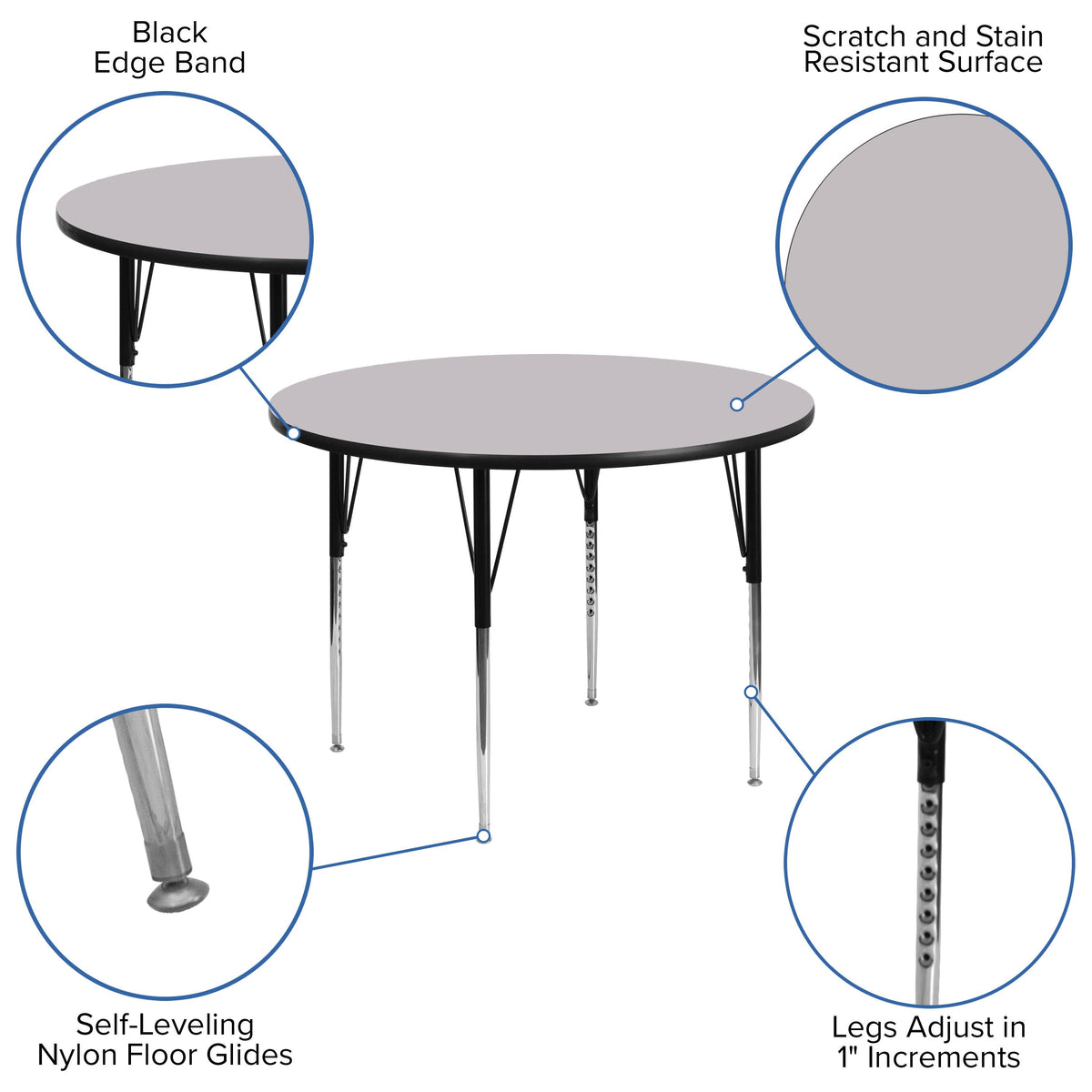 Flash Furniture XU-A48-RND-GY-T-A-GG 48" Round Grey Thermal Laminate Activity Table - Standard Height Adjustable Legs (Gray Top/Black Frame) - View 2