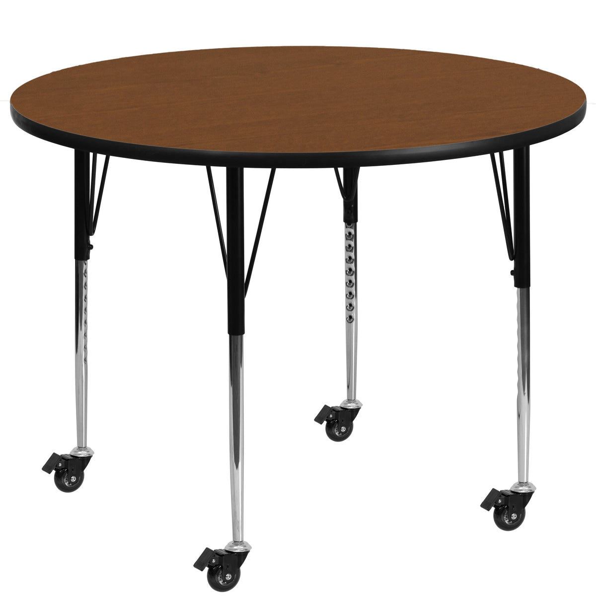 Flash Furniture XU-A48-RND-OAK-H-A-CAS-GG Mobile 48" RD Oak HP Laminate Activity Table - Standard Height Adjustable Legs (Oak Top/Black Frame) - Main view