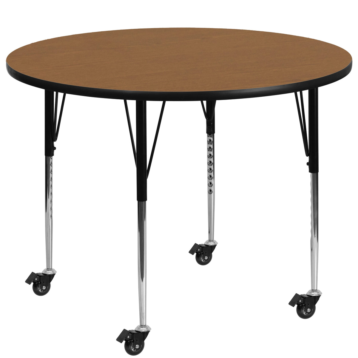 Flash Furniture XU-A48-RND-OAK-T-A-CAS-GG Mobile 48" Round Oak Thermal Laminate Activity Table - Height Adjustable Legs (Oak Top/Black Frame) - Main view