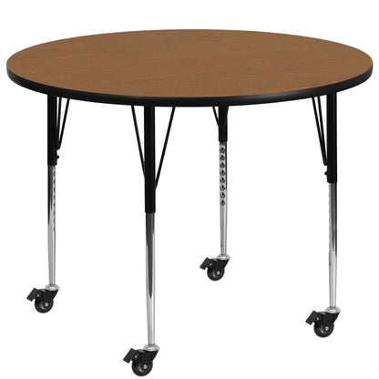 Flash Furniture XU-A48-RND-OAK-T-A-CAS-GG Mobile 48" Round Oak Thermal Laminate Activity Table - Height Adjustable Legs (Oak Top/Black Frame) - Main view