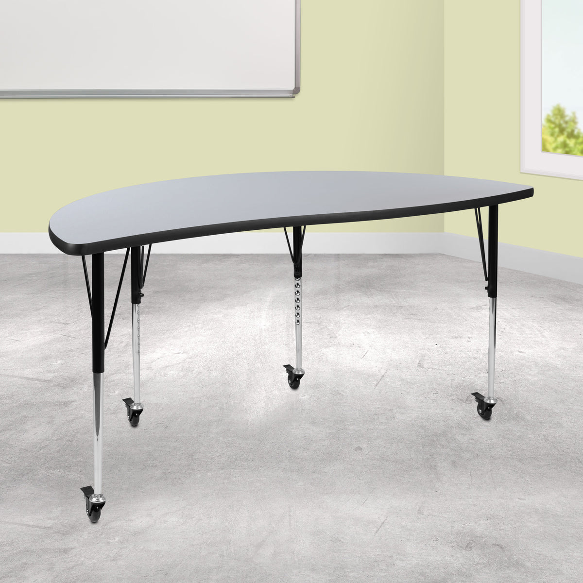 Flash Furniture XU-A60-HCIRC-GY-T-A-CAS-GG Mobile 60" Half Circle Wave Collaborative Grey Adjustable Height Activity Table (Grey Top/Black Frame) - View 2