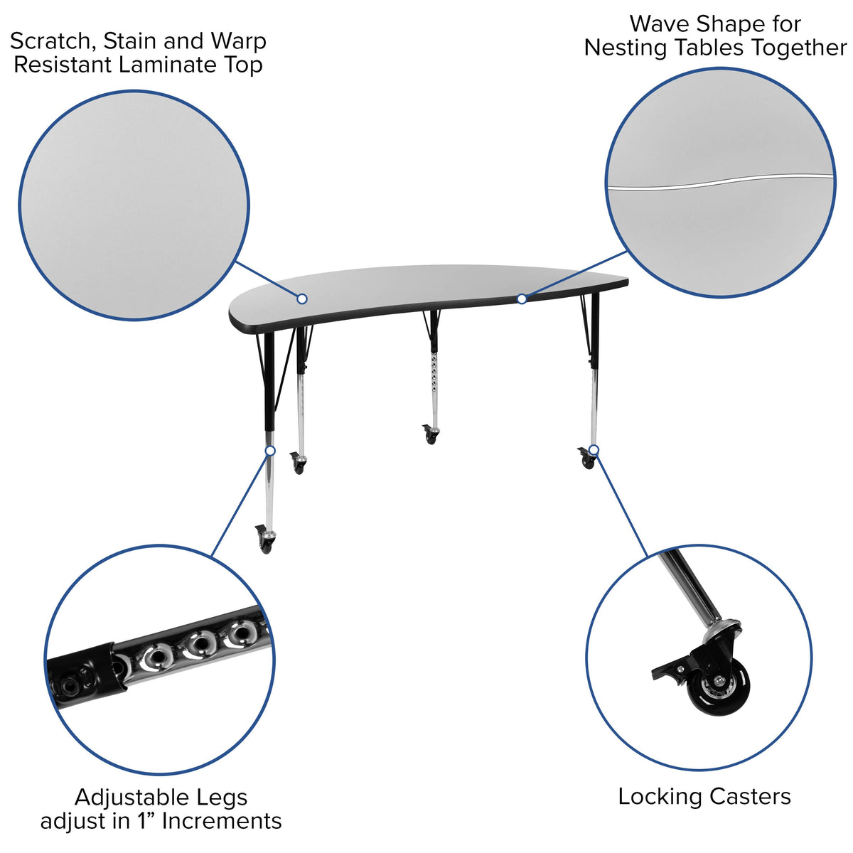 Flash Furniture XU-A60-HCIRC-GY-T-A-CAS-GG Mobile 60" Half Circle Wave Collaborative Grey Adjustable Height Activity Table (Grey Top/Black Frame) - View 3