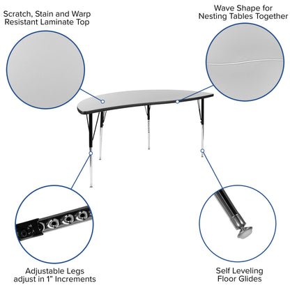 Flash Furniture XU-A60-HCIRC-GY-T-A-GG 60" Half Circle Wave Collaborative Grey Adjustable Height Activity Table (Grey Top/Black Frame) - View 3
