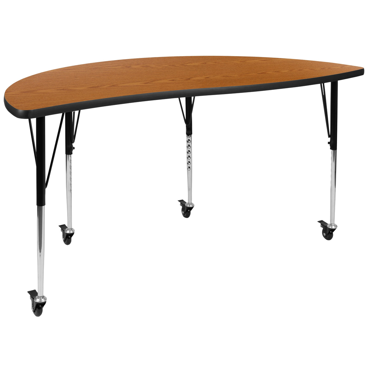 Flash Furniture XU-A60-HCIRC-OAK-T-A-CAS-GG Mobile 60" Half Circle Wave Collaborative Oak Adjustable Height Activity Table (Oak Top/Black Frame) - Main view