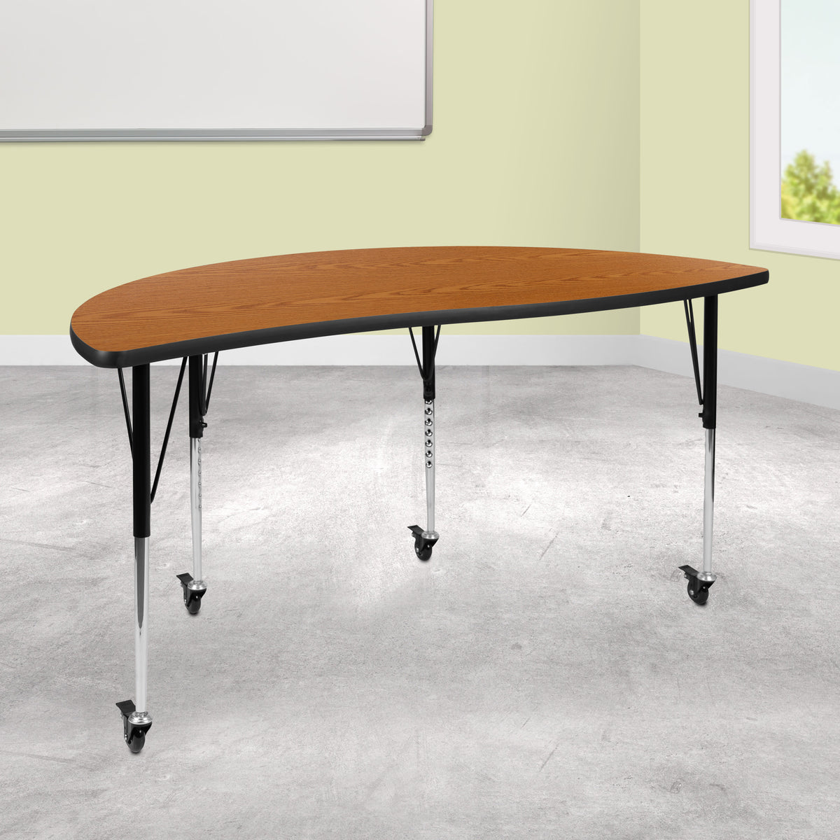 Flash Furniture XU-A60-HCIRC-OAK-T-A-CAS-GG Mobile 60" Half Circle Wave Collaborative Oak Adjustable Height Activity Table (Oak Top/Black Frame) - View 2