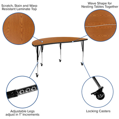 Flash Furniture XU-A60-HCIRC-OAK-T-A-CAS-GG Mobile 60" Half Circle Wave Collaborative Oak Adjustable Height Activity Table (Oak Top/Black Frame) - View 3