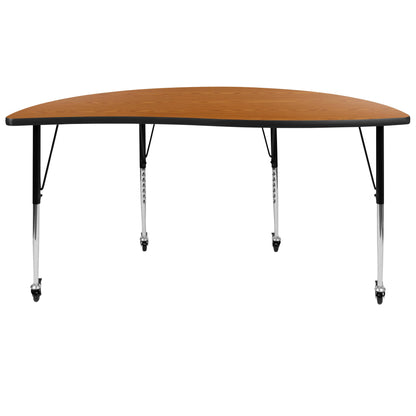 Flash Furniture XU-A60-HCIRC-OAK-T-A-CAS-GG Mobile 60" Half Circle Wave Collaborative Oak Adjustable Height Activity Table (Oak Top/Black Frame) - View 6