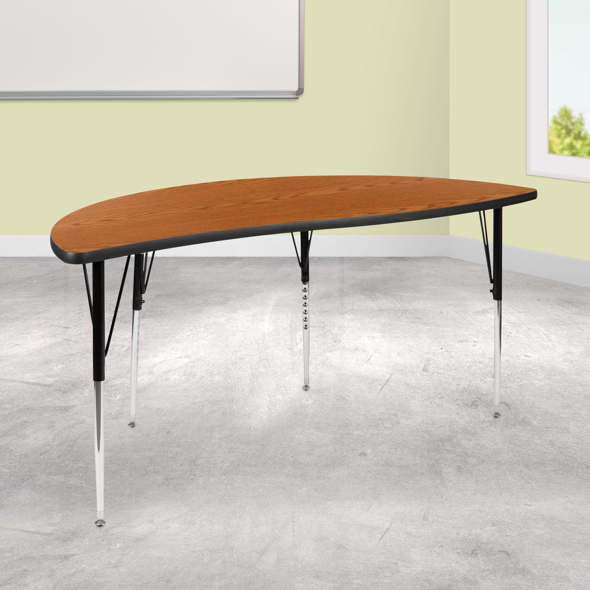 Flash Furniture XU-A60-HCIRC-OAK-T-A-GG 60" Half Circle Wave Collaborative Oak Adjustable Height Activity Table (Oak Top/Black Frame) - View 2
