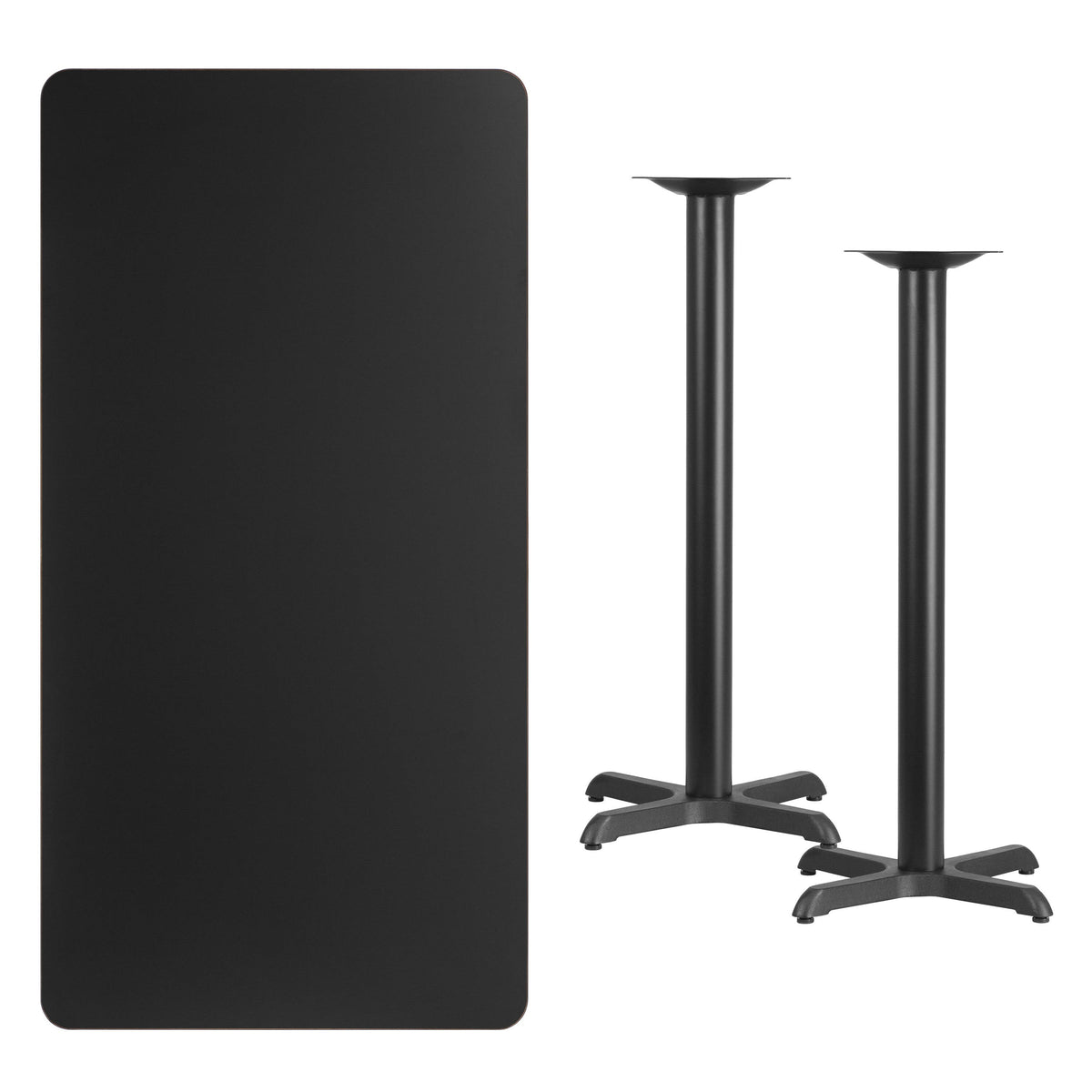 Flash Furniture XU-BLKTB-3060-T2222B-GG 30" x 60" Rectangular Black Laminate Table Top & 22x22 Bar Height Table Bases - View 2