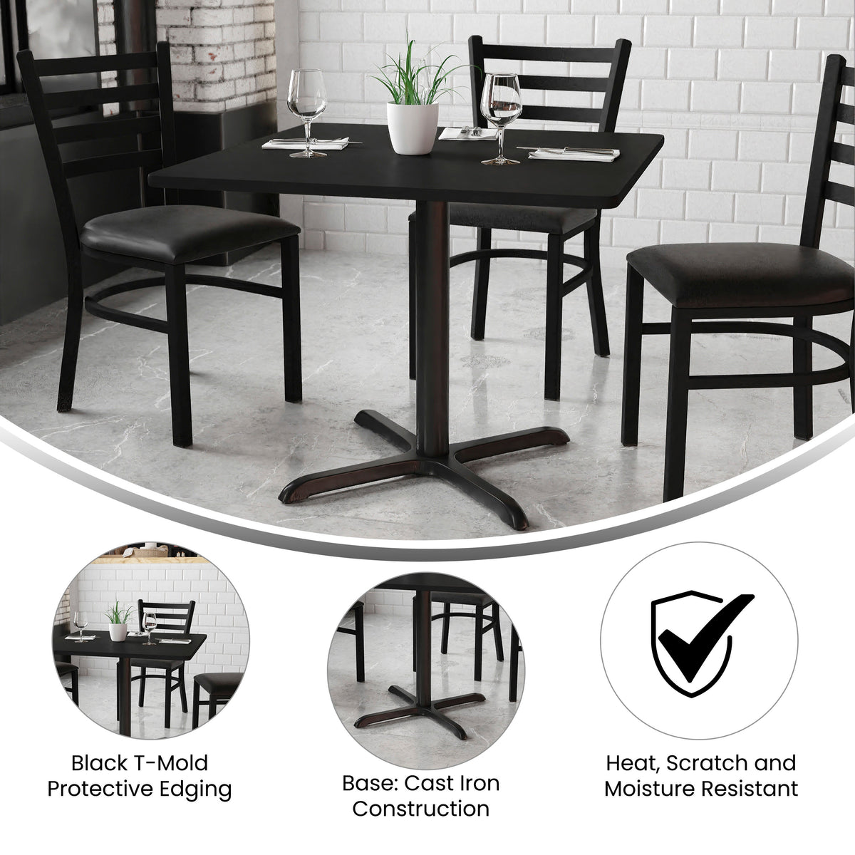Flash Furniture XU-BLKTB-3636-T3030-GG 36" Square Black Laminate Table Top with 30" x 30" Table Height Base - View 2