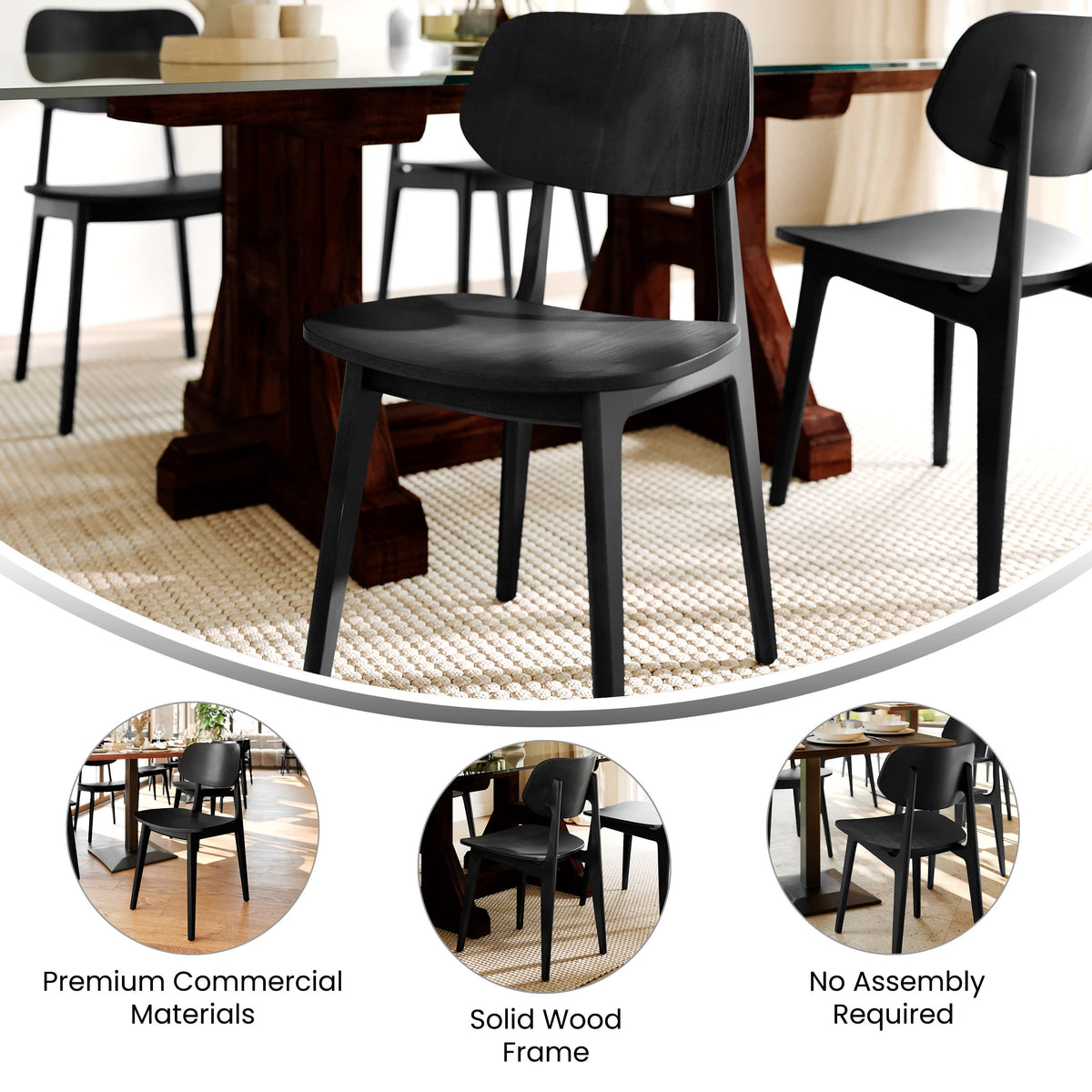 Flash Furniture XU-CH10367-3-BLK-GG Commercial Solid Wood Dining Chair with Curved Backrest in Black - View 3