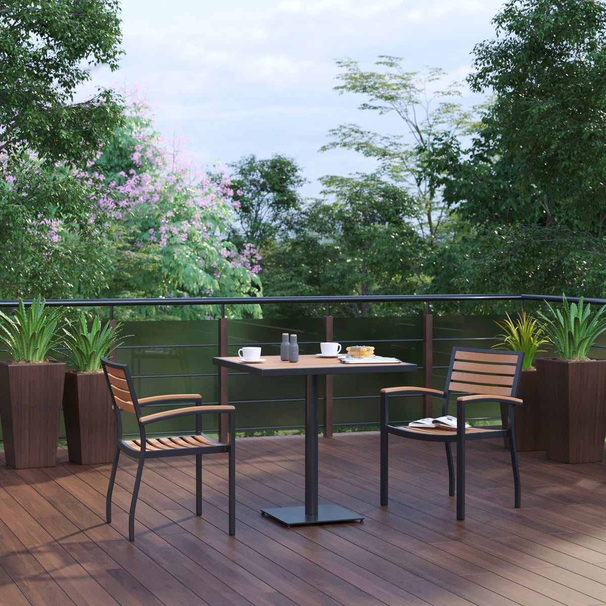 Flash Furniture XU-DG-104560062-GG 2 Faux Teak Accented Club Chairs - 30" Square Faux Teak Patio Table Set - View 2