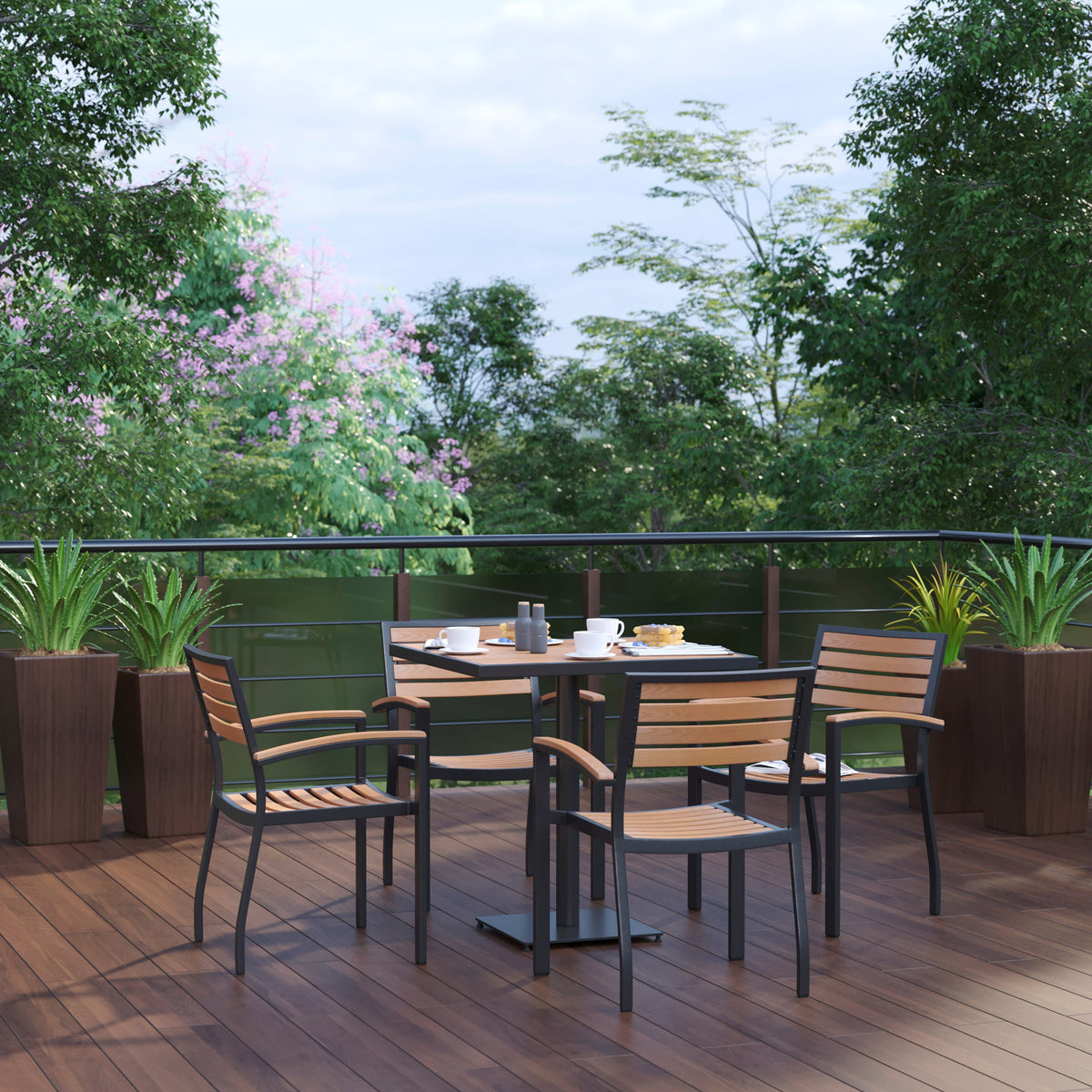 Flash Furniture XU-DG-104560064-GG 4 Faux Teak Accented Club Chairs and 30" Square Faux Teak Patio Table Set - View 2